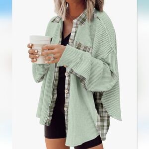SHEWIN Waffle Knit Plaid Shacket Women’s XL Button‑Down Boyfriend Overshirt New